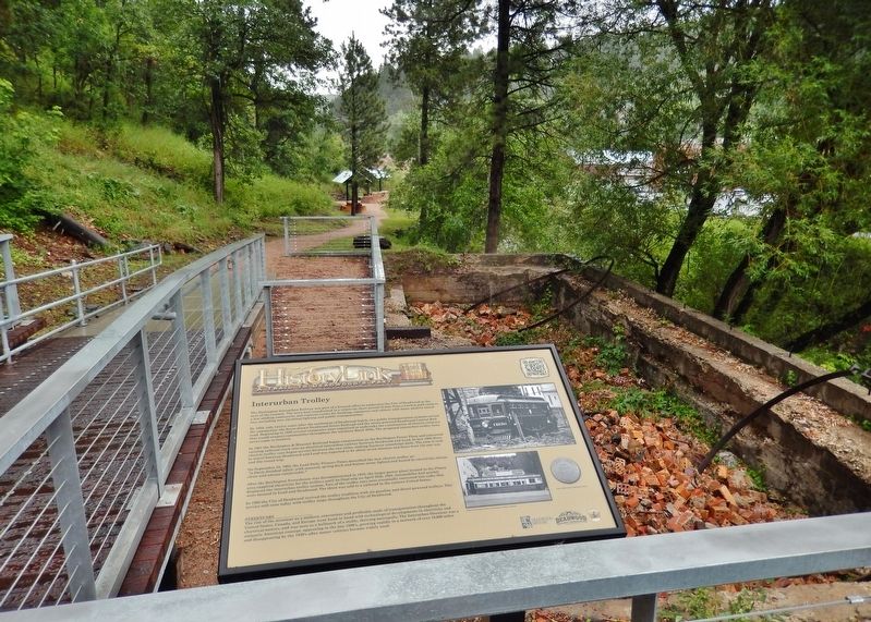 Interurban Trolley Marker (<i>wide view; Powerhouse Park boardwalk & trail in background</i>) image. Click for full size.