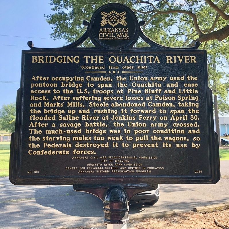 Bridging the Ouachita River Marker (rear) image. Click for full size.