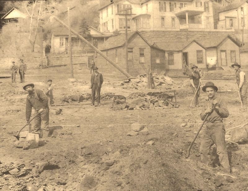 Marker detail: Digging the foundation for the new Deadwood Carnegie Library, April 19, 1904. Click for full size. Marker detail: Digging the foundation for the new Deadwood Carnegie Library, April 19, 1904 image. Click for full size.
