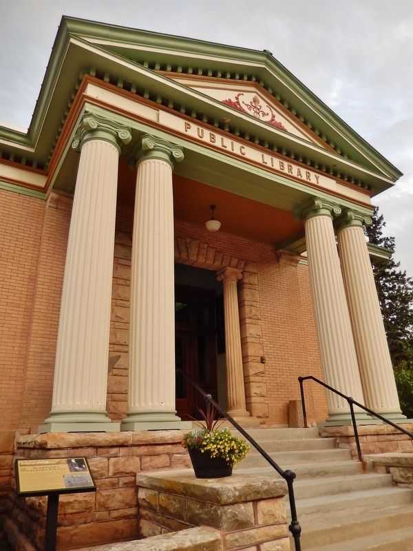 Deadwood's Carnegie Library Entrance (<i>marker visible at left</i>). Click for full size. Deadwood's Carnegie Library Entrance (<i>marker visible at left</i>) image. Click for full size.