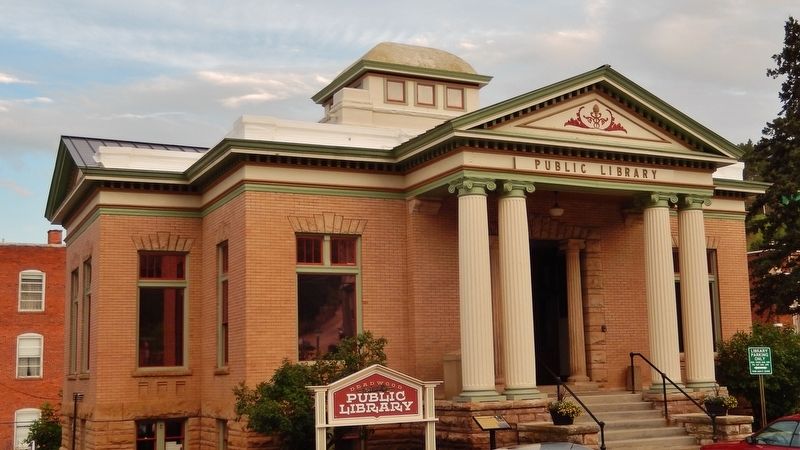 Deadwood's Carnegie Library (<i>marker visible just left of entrance</i>) image. Click for full size.