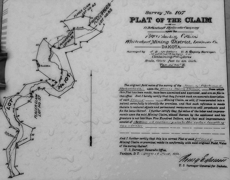 Marker detail: 1878 mineral survey plat map of Gold Run and US Highways 85/385 (Pluma) image. Click for full size.