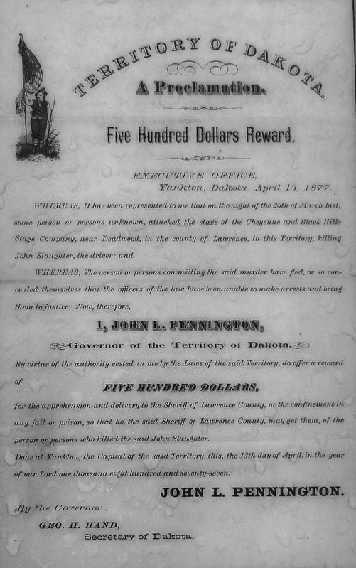 Marker detail: 1877 warrant poster for the murderers of Johnny Slaughter along the Cheyenne and Dead image. Click for full size.