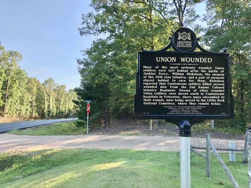 Officers Killed / Union Wounded Marker looking south on AR-46 at County Road 6.. Click for full size. Officers Killed / Union Wounded Marker looking south on AR-46 at County Road 6. image. Click for full size.