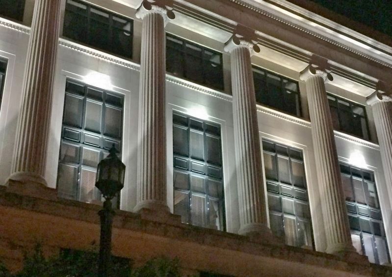Genesee County Courthouse (<i>night view; front windows & neo-classical columns</i>) image. Click for full size.