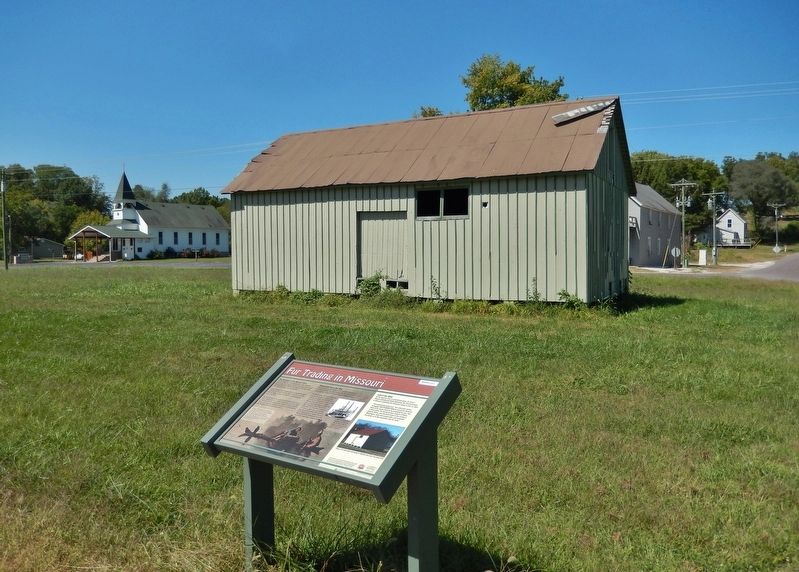 Fur Trading in Missouri Marker (<i>wide view from KATY trail; fur trade shed in background</i>). Click for full size. Fur Trading in Missouri Marker (<i>wide view from KATY trail; fur trade shed in background</i>) image. Click for full size.