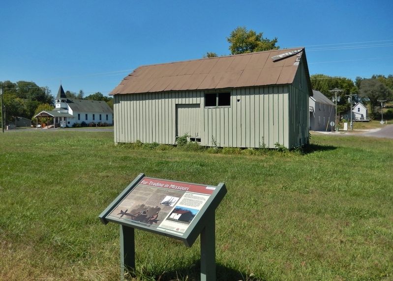 Fur Trading in Missouri Marker (<i>wide view from KATY trail; fur trade shed in background</i>) image. Click for full size.