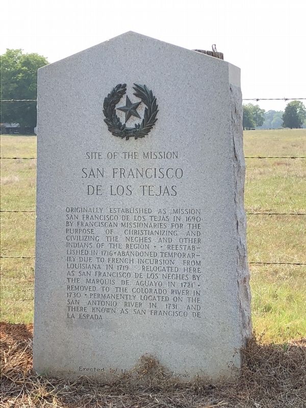 Site of Mission San Francisco de los Tejas Marker. Click for full size. Site of Mission San Francisco de los Tejas Marker image. Click for full size.