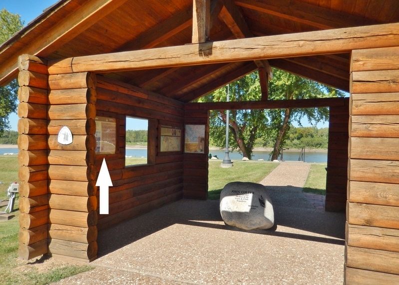 Private John Colter Marker (<i>wide view; marker visible on left wall of kiosk</i>) image. Click for full size.