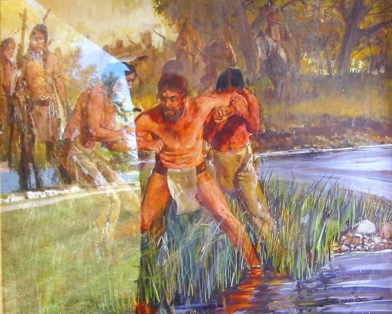 Marker detail: Artist John Bruce depicts John Colter being captured by the Blackfeet Indians image. Click for full size.