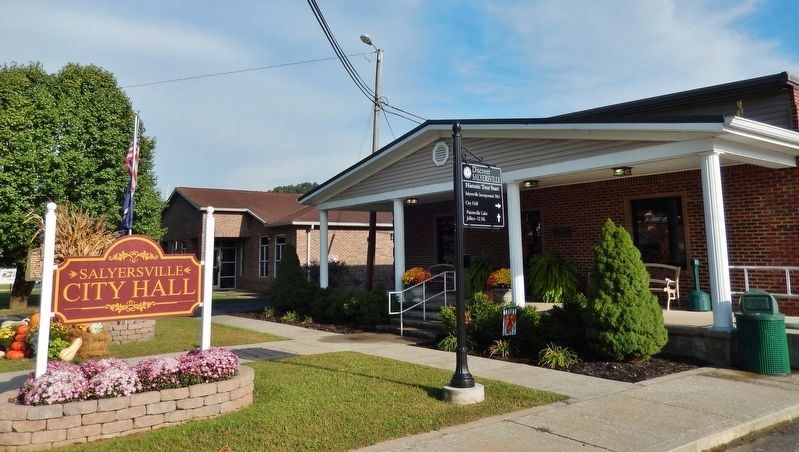 Salyersville City Hall (<i>"Uncle Billie" Adams Marker visible behind sign, at left</i>). Click for full size. Salyersville City Hall (<i>"Uncle Billie" Adams Marker visible behind sign, at left</i>) image. Click for full size.