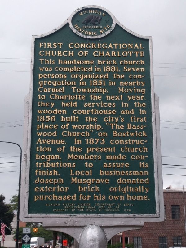 First Congregational Church of Charlotte Marker image. Click for full size.