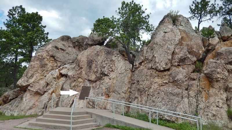 Stockade Lake Bridge Marker (<i>wide view; marker mounted on rock formation above platform</i>) image. Click for full size.