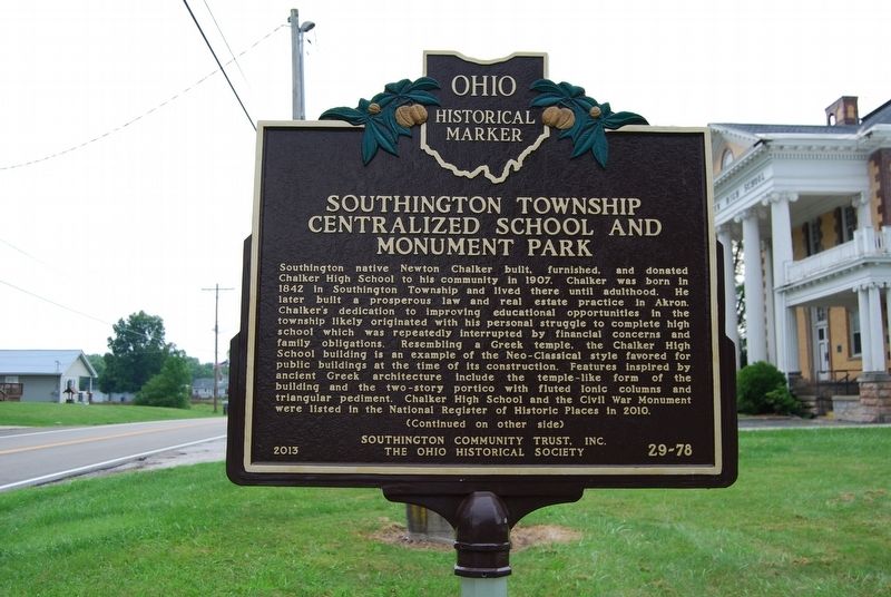 Southington Township Centralized School and Monument Park Marker. Click for full size. Southington Township Centralized School and Monument Park Marker image. Click for full size.
