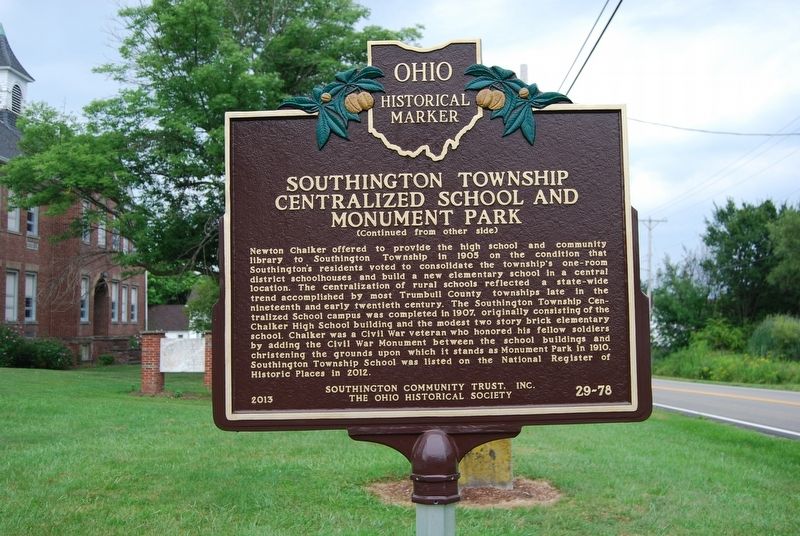 Southington Township Centralized School and Monument Park Marker. Click for full size. Southington Township Centralized School and Monument Park Marker image. Click for full size.