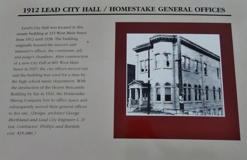 1912 Lead City Hall / Homestake General Offices Marker image. Click for full size.