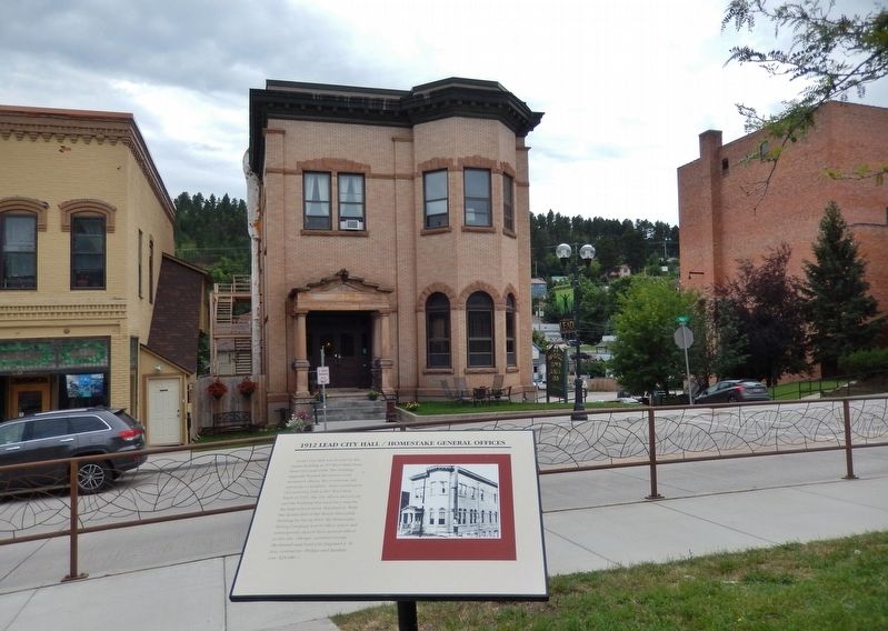 1912 Lead City Hall / Homestake General Offices Marker (<i>wide view; overlooking Main Street</i>) image. Click for full size.