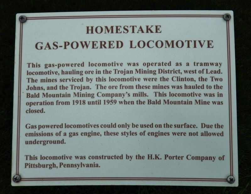 Homestake Gas-Powered Locomotive Marker image. Click for full size.