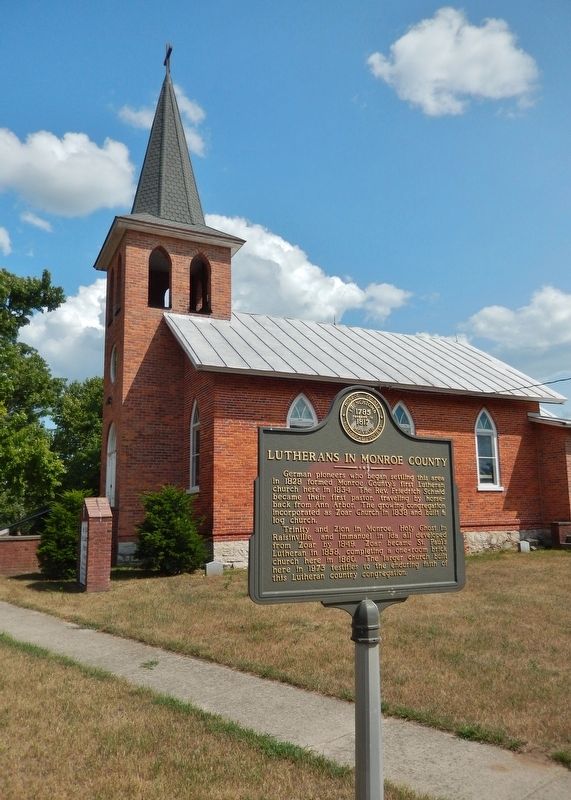 Lutherans In Monroe County Marker (<i>tall view; St. Paul's Church in background</i>) image. Click for full size.