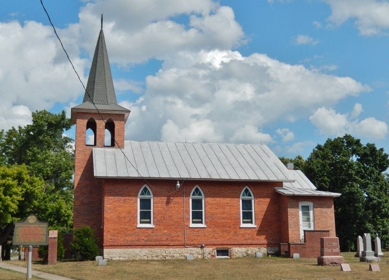 Lutherans In Monroe County Marker (<i>wide view; St. Paul's Church [west side] in background</i>) image. Click for full size.