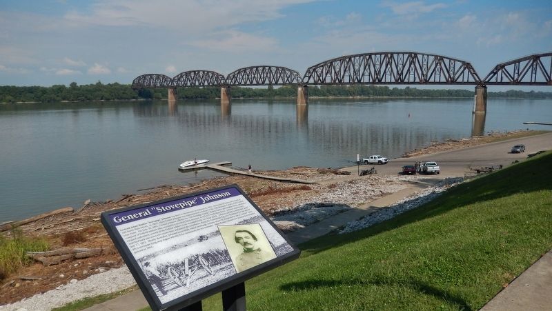 General "Stovepipe" Johnson Marker (<i>wide view; Ohio River & railroad bridge in background</i>) image. Click for full size.