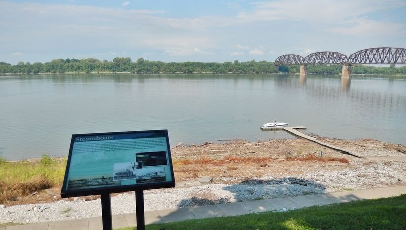 Steamboats Marker (<i>wide view; Ohio River in background</i>). Click for full size. Steamboats Marker (<i>wide view; Ohio River in background</i>) image. Click for full size.
