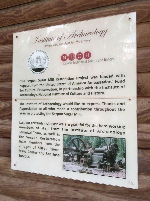The Serpon Sugar Mill Restoration Project dedication marker image. Click for full size.