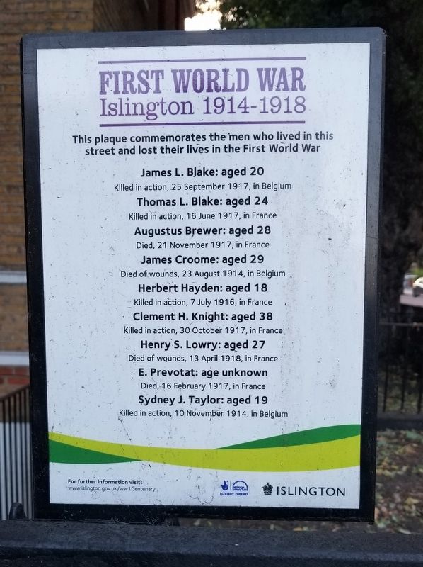 First World War Islington 1914-1918 Marker. Click for full size. First World War Islington 1914-1918 Marker image. Click for full size.
