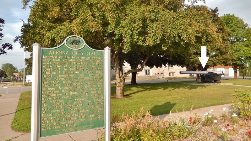 Alpena City Hall Marker (<i>tall view; showing cannon from the U.S.S. Maine on right</i>). Click for full size. Alpena City Hall Marker (<i>tall view; showing cannon from the U.S.S. Maine on right</i>) image. Click for full size.