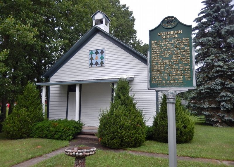 Greenbush School Marker (<i>wide view; school building in background</i>) image, Touch for more information