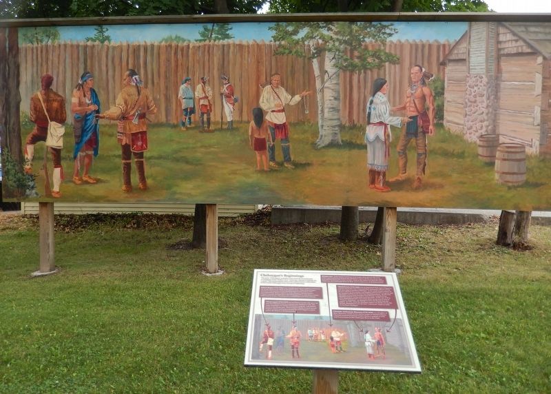 Cheboygan's Beginnings Marker (<i>wide view; mural in background</i>) image, Touch for more information