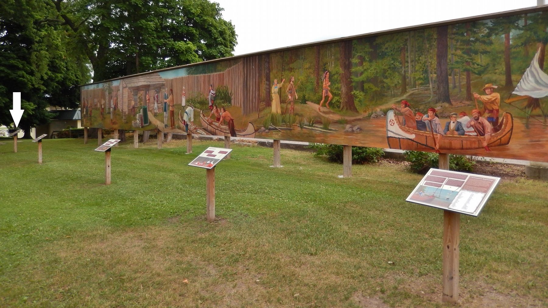Cheboygan's Beginnings Mural & Markers (<i>this marker visible at far left</i>). Click for full size. Cheboygan's Beginnings Mural & Markers (<i>this marker visible at far left</i>) image. Click for full size.