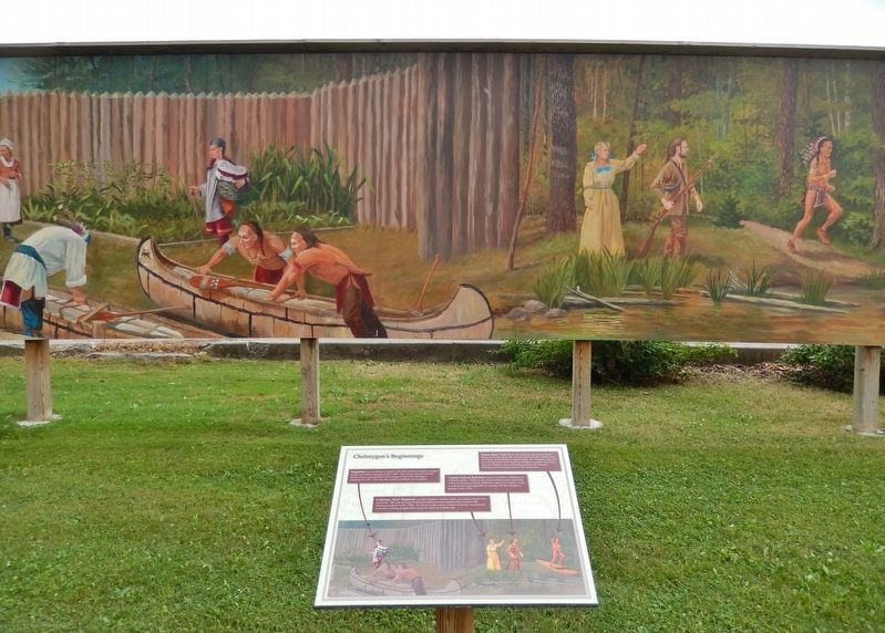 Cheboygan's Beginnings Marker (<i>wide view; mural in background</i>). Click for full size. Cheboygan's Beginnings Marker (<i>wide view; mural in background</i>) image. Click for full size.