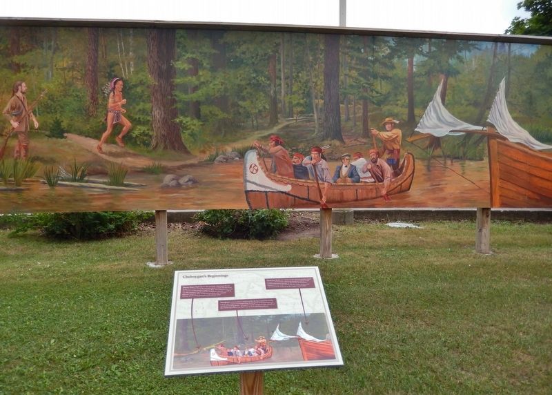 Cheboygan's Beginnings Marker (<i>wide view; mural in background</i>). Click for full size. Cheboygan's Beginnings Marker (<i>wide view; mural in background</i>) image. Click for full size.