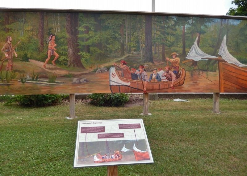 Cheboygan's Beginnings Marker (<i>wide view; mural in background</i>) image. Click for full size.