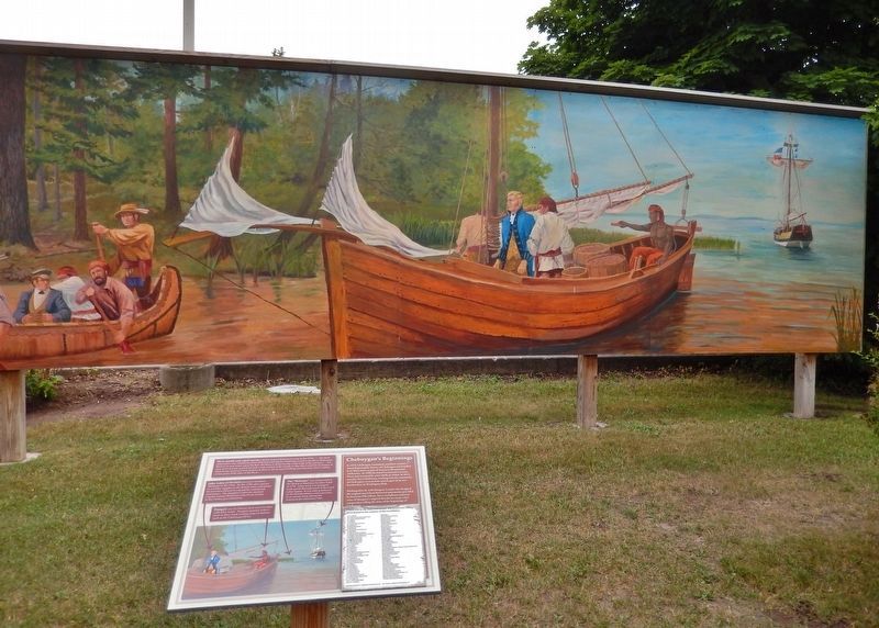 Cheboygan's Beginnings Marker (<i>wide view; mural in background</i>). Click for full size. Cheboygan's Beginnings Marker (<i>wide view; mural in background</i>) image. Click for full size.