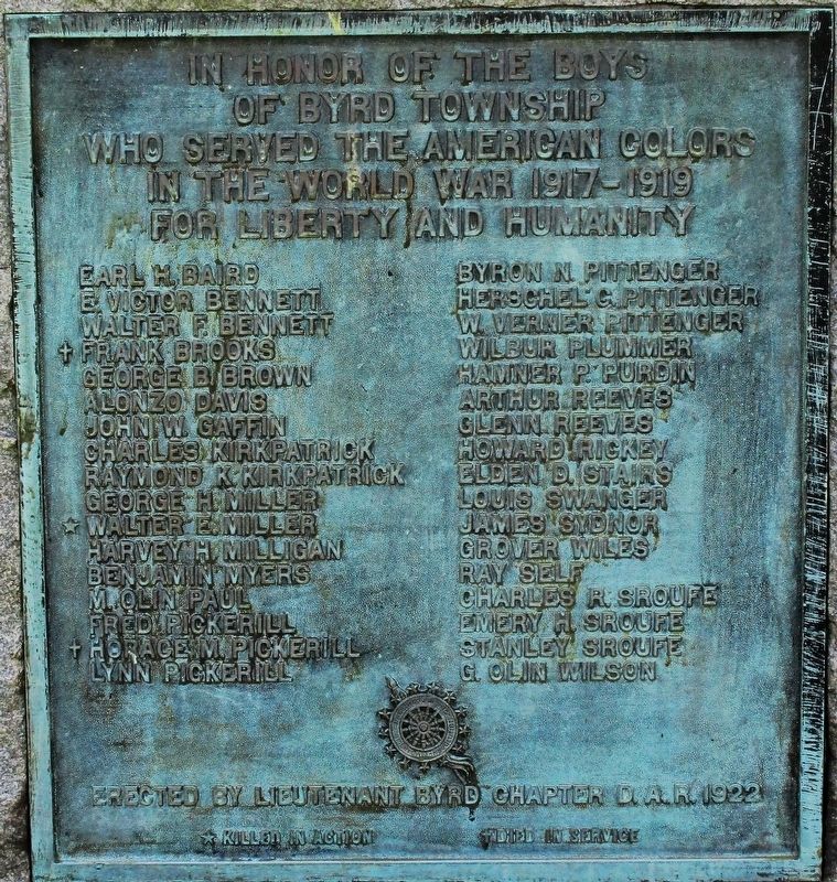 Byrd Township World War I DAR Monument Marker. Click for full size. Byrd Township World War I DAR Monument Marker image. Click for full size.