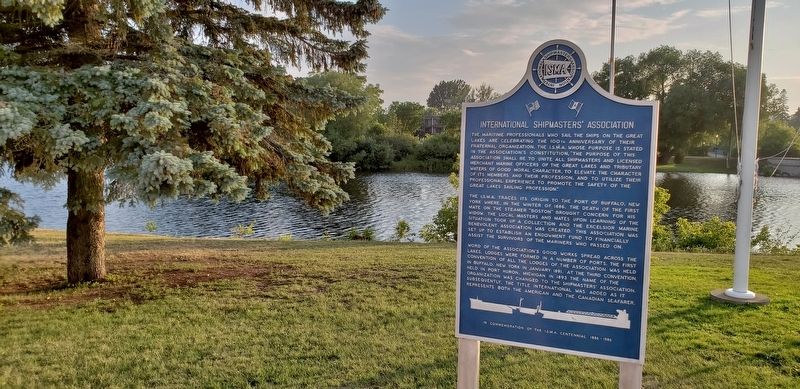 International Shipmaster's Association Marker (<i>wide view; Thunder Bay River in background</i>) image. Click for full size.