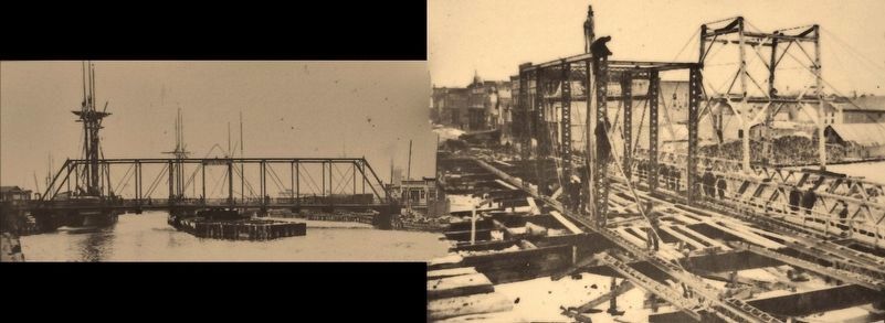 Marker detail: steel swing bridge, 1886 image. Click for full size.