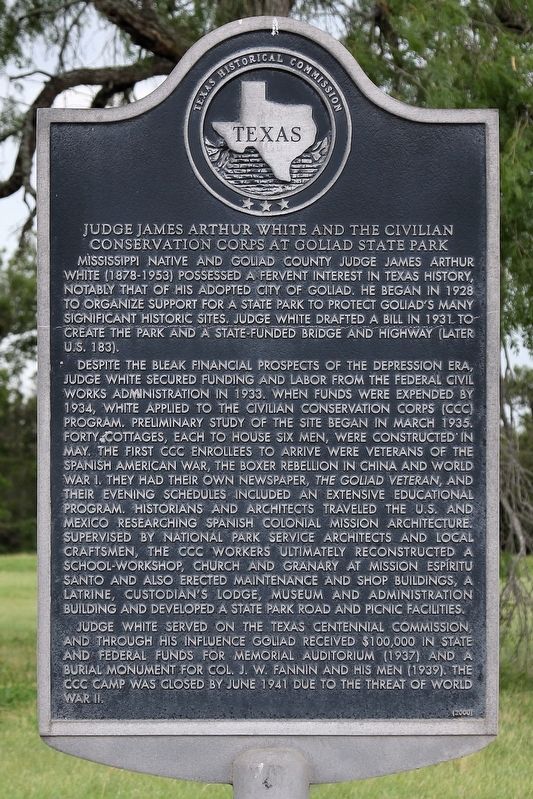 Judge James Arthur White and the Civilian Conservation Corps at Goliad State Park Marker image. Click for full size.