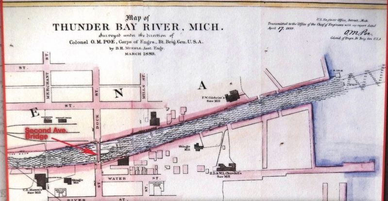 Marker detail: U.S. Army Corps of Engineers map of Thunder Bay River, 1889 image. Click for full size.
