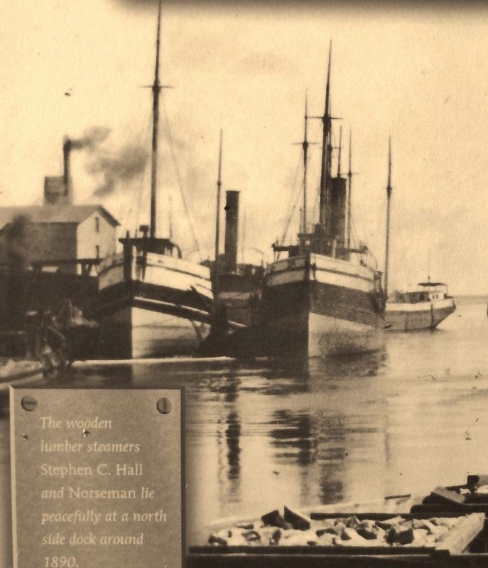 Marker detail: Wooden lumber steamers, circa 1890 image. Click for full size.