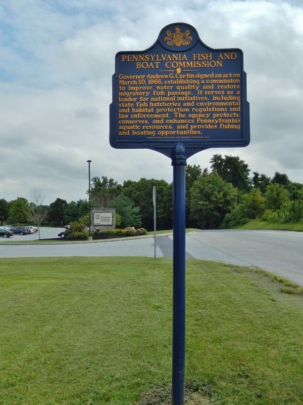 Pennsylvania Fish & Boat Commission Marker (<i>tall view; looking south along State Farm Road</i>). Click for full size. Pennsylvania Fish & Boat Commission Marker (<i>tall view; looking south along State Farm Road</i>) image. Click for full size.
