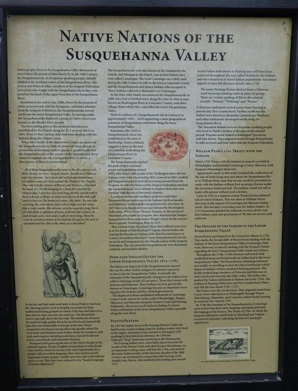 Native Nations of the Susquehanna Valley Marker (<i>panel 1</i>). Click for full size. Native Nations of the Susquehanna Valley Marker (<i>panel 1</i>) image. Click for full size.