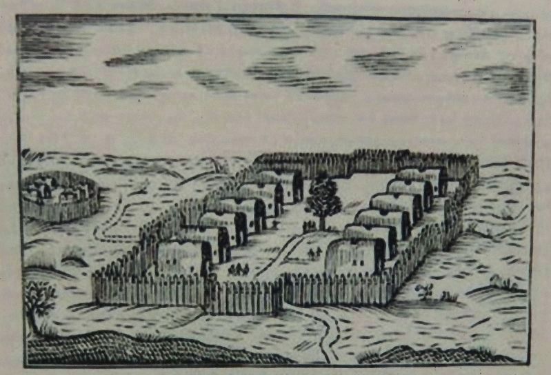 Marker detail: An early explorer drew this picture of a Delaware Indian Village. Click for full size. Marker detail: An early explorer drew this picture of a Delaware Indian Village image. Click for full size.
