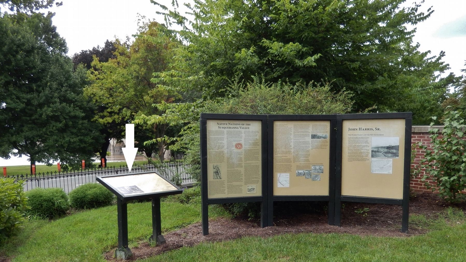 John Harris, Sr. Mulberry Tree Marker (<i>wide view; marker on left; related markers on right</i>). Click for full size. John Harris, Sr. Mulberry Tree Marker (<i>wide view; marker on left; related markers on right</i>) image. Click for full size.