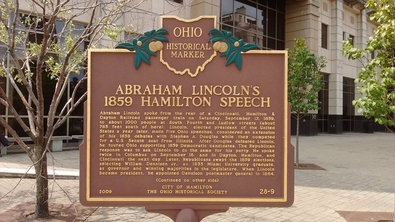 Abraham Lincoln's 1859 Hamilton Speech Marker (Side 1) image. Click for full size.