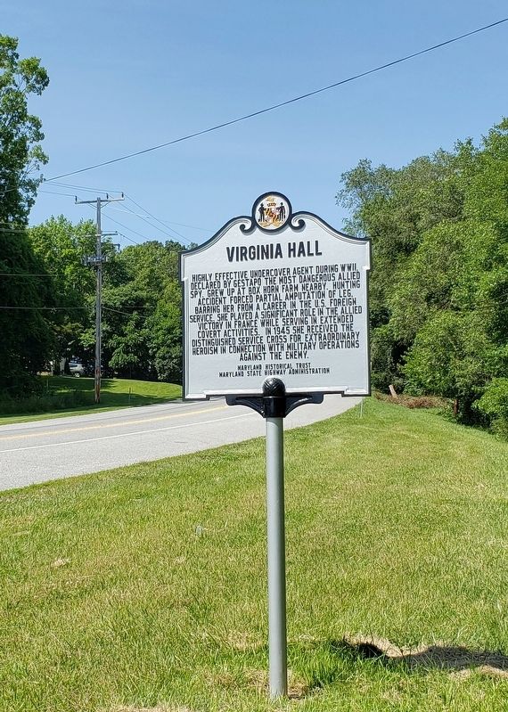 Virginia Hall Marker (<i>tall view; looking north along York Road</i>) image. Click for full size.