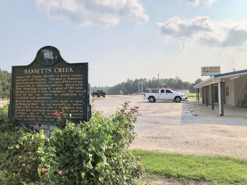 View of marker looking south towards restaurant along U.S. Highway 43. image. Click for full size.