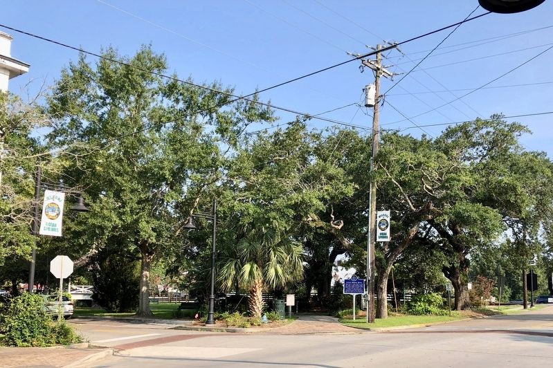 View of marker at corner of park. image. Click for full size.